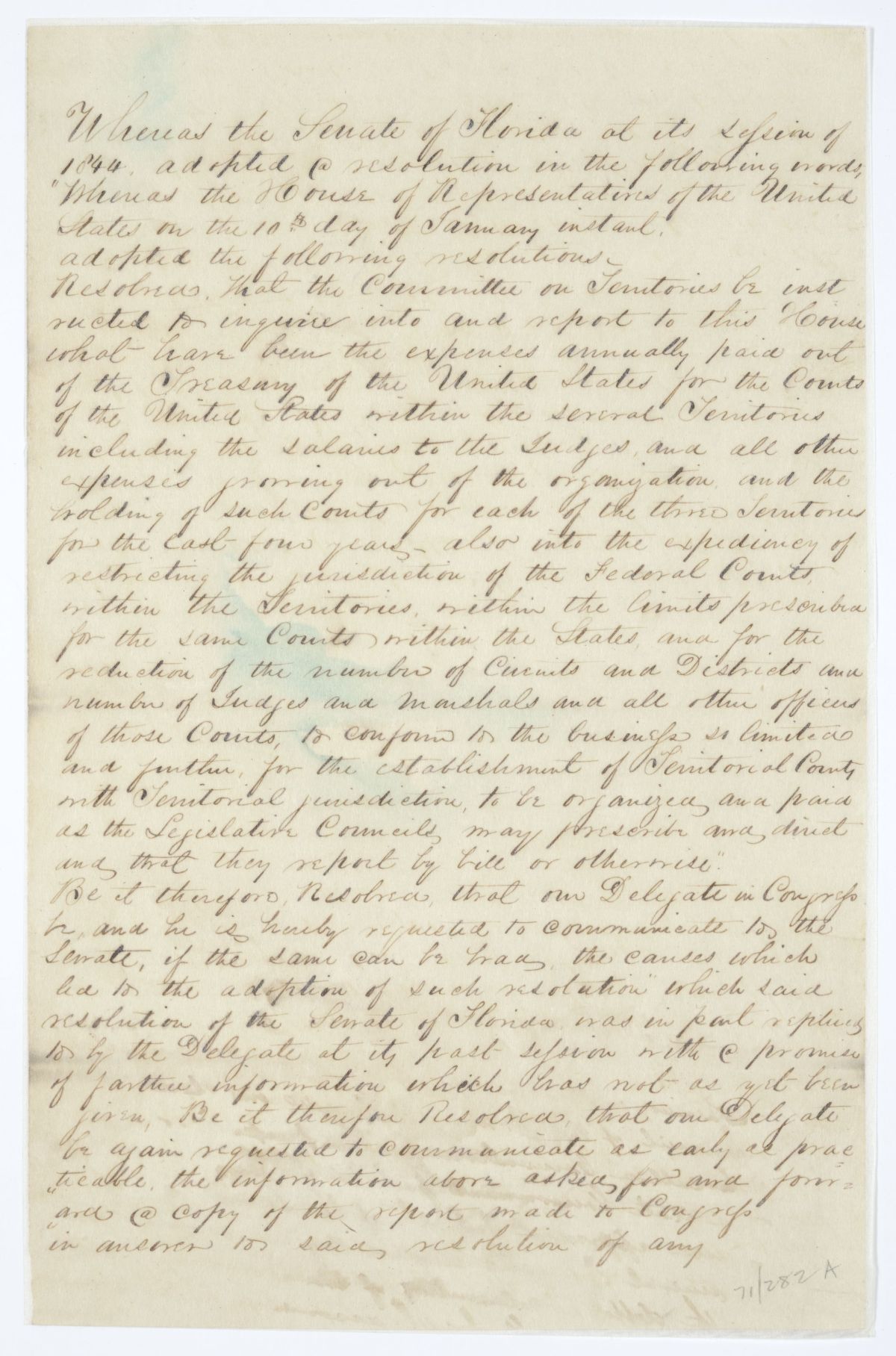 Resolution Requesting that the Florida Delegate in Congress Provide Certain Information in Relation to the Expenses of the Judiciary, circa 1845