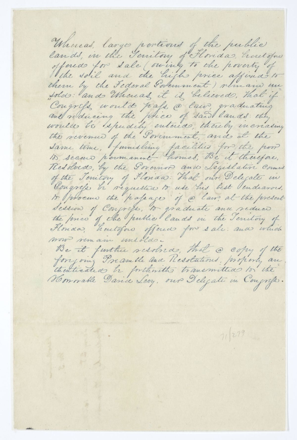 Resolution Directing the Florida Delegate in Congress to Procure the Passage of a Law Reducing the Price of Public Land, 1845