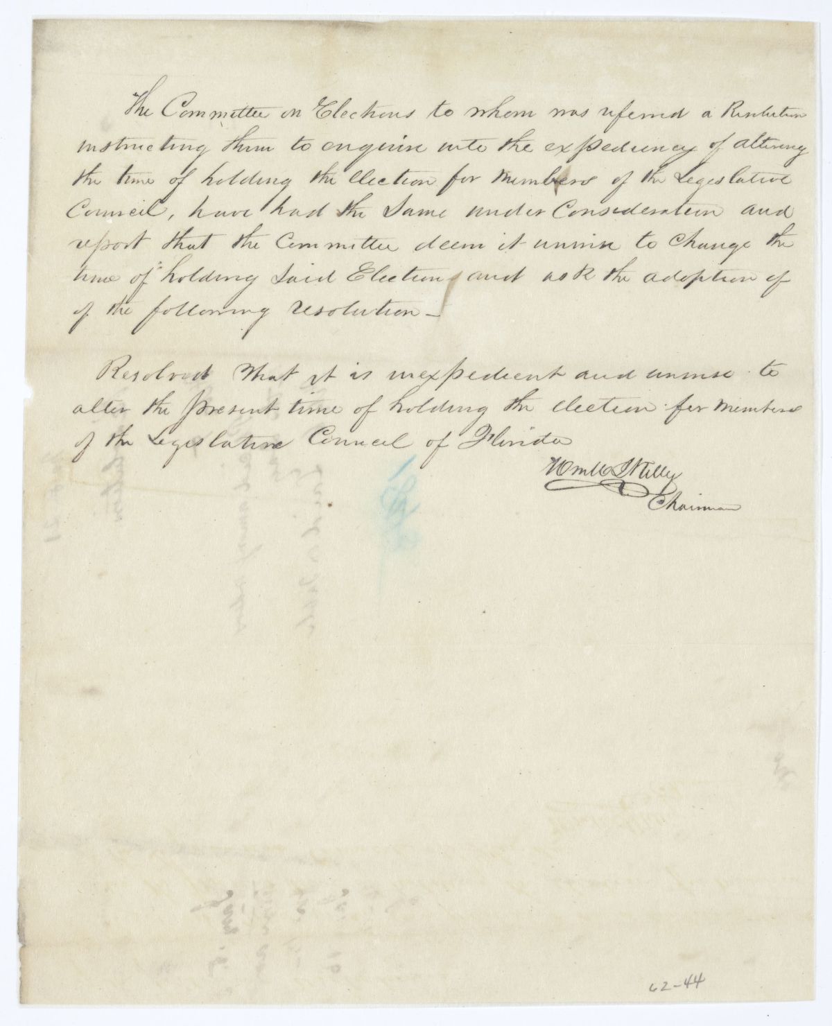 Report of the Committee on Elections to Whom Was Referred a Resolution on Changing an Election Time, circa 1845