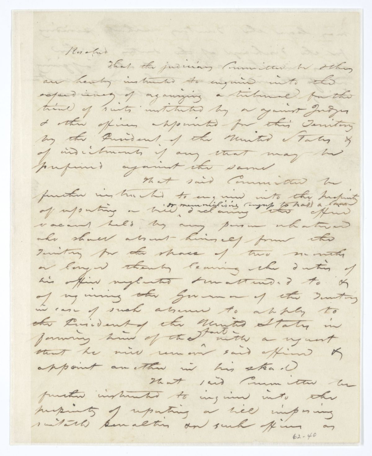 Resolution Instructing the Judiciary Committee to Examine the Prospect of Organizing a Tribunal for Suits Involving Public Officers, circa 1845