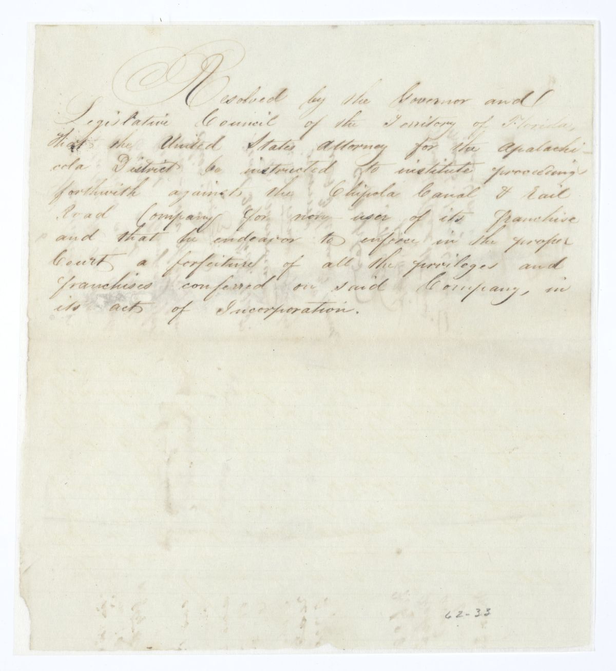 Resolution Instructing the U. S. Attorney for the Apalachicola District to Institute Proceedings Against the Chipola Canal and Railroad Co., 1845