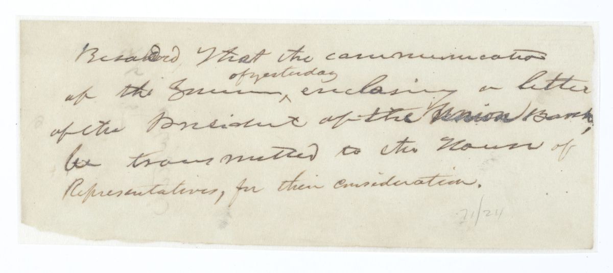 Resolution Requesting that a Letter from the President of the Union Bank Be Transmitted to the House of Representatives, circa 1845