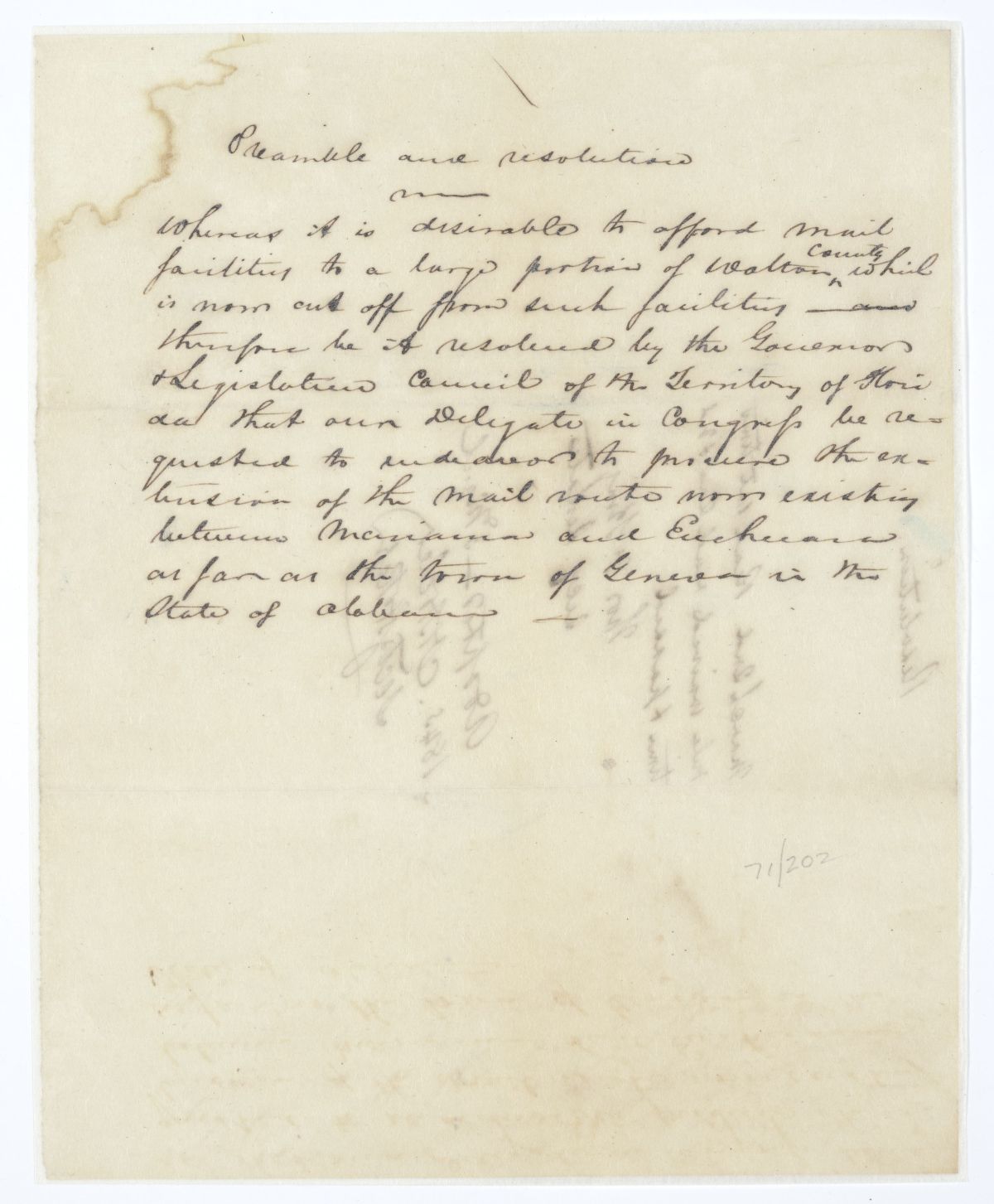 Resolution Directing the Florida Delegate in Congress to Procure an Extension of the Mail Route from Marianna to Eucheeanna, 1845