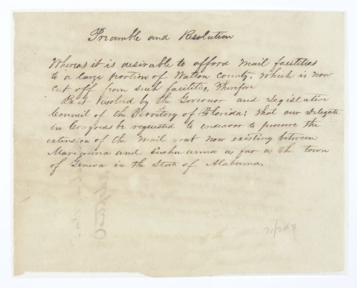 Resolution Directing the Florida Delegate in Congress to Procure an Extension of the Mail Route from Marianna to Eucheeanna, 1845