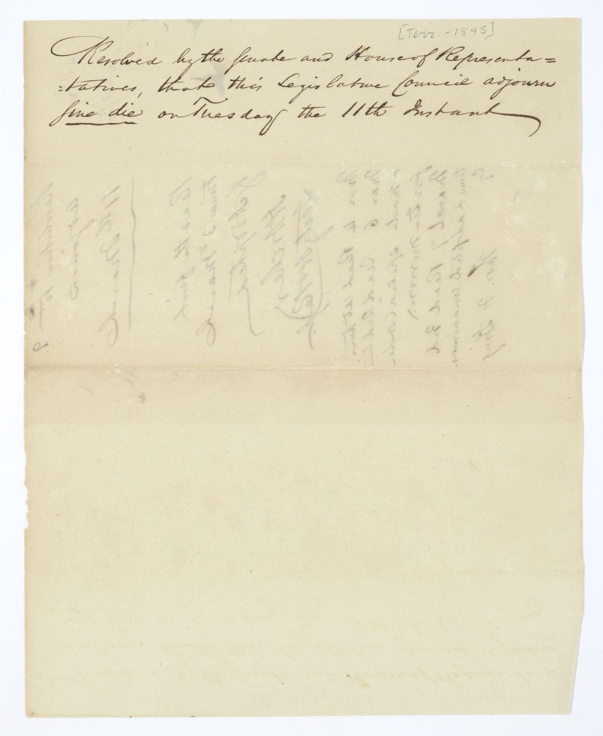 Resolution Designating the Time of Adjournment of the Territorial Legislative Council, circa 1845