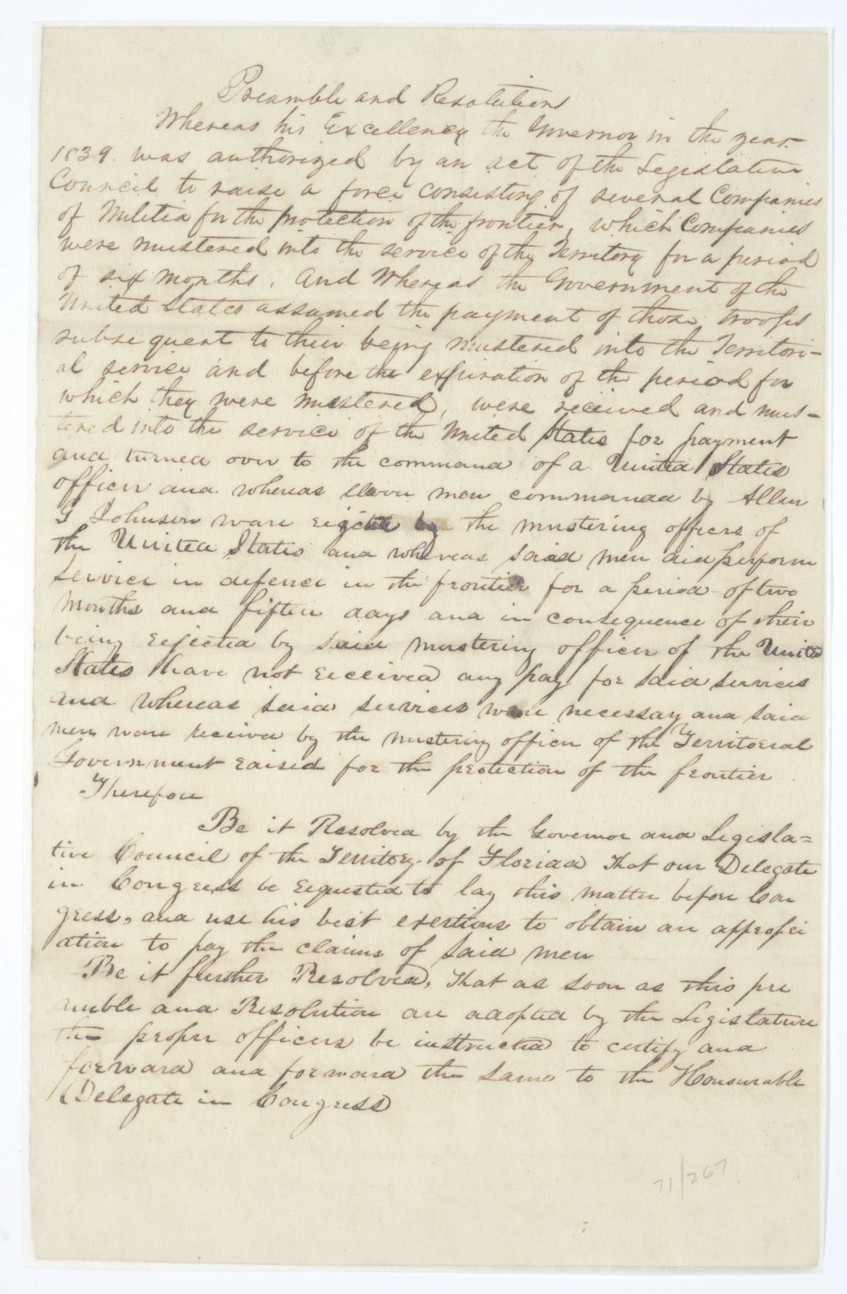 Resolution Directing the Florida Delegate in Congress to Procure an Appropriation for the Compensation of Certain Soldiers, 1845