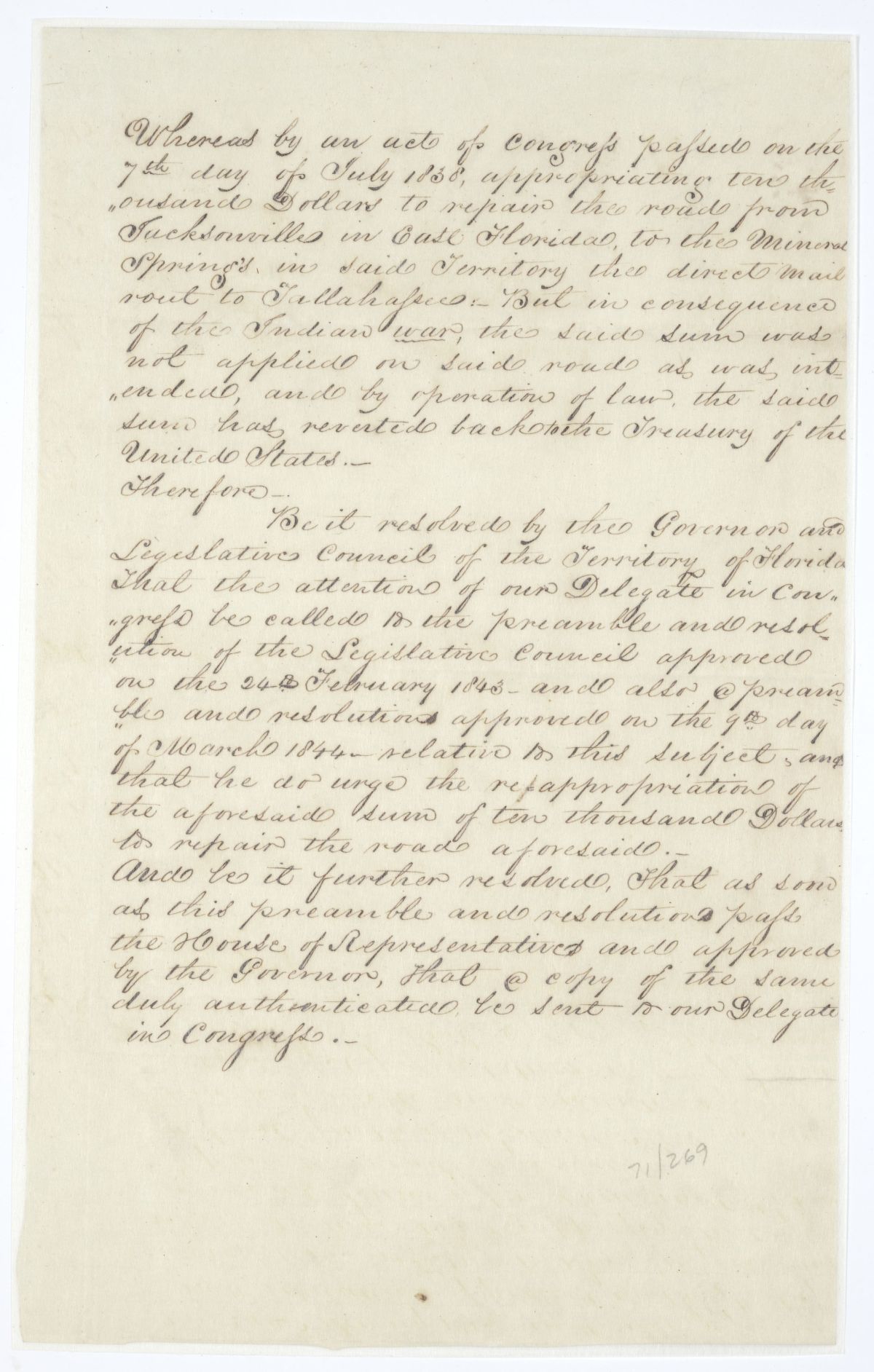 Resolution Directing the Florida Delegate in Congress to Obtain an Appropriation to Repair a Road from Jacksonville, 1845