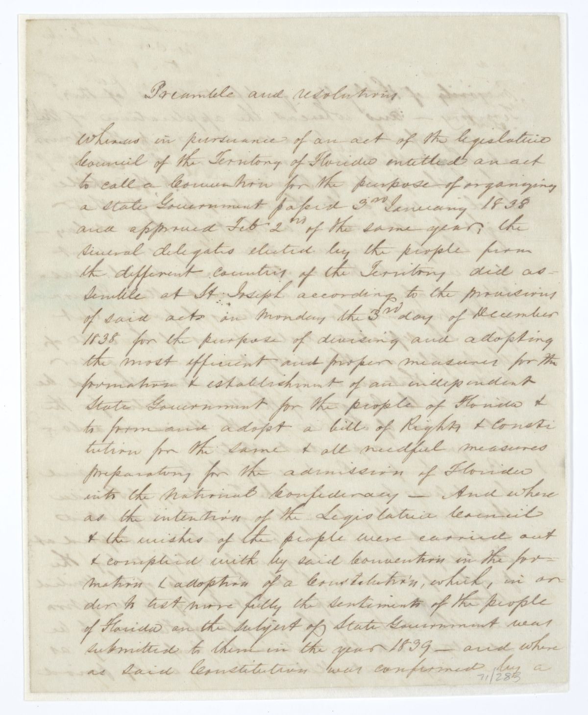 Resolution Directing the Florida Delegate in Congress to Submit the Saint Joseph Constitution to Congress, circa 1845