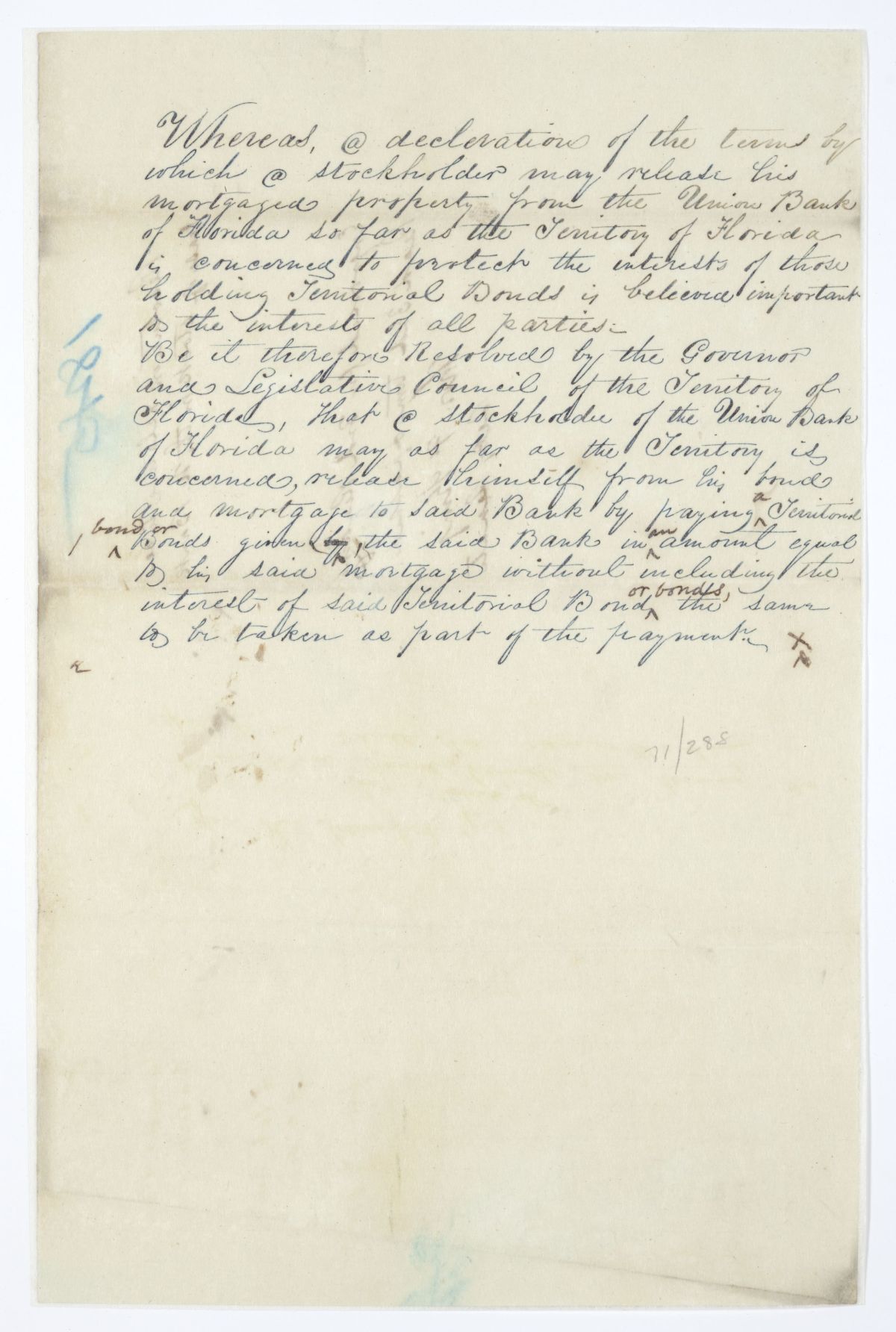 Resolution Concerning Territorial Bonds, Mortgaged Property and the Union Bank of Florida, circa 1845