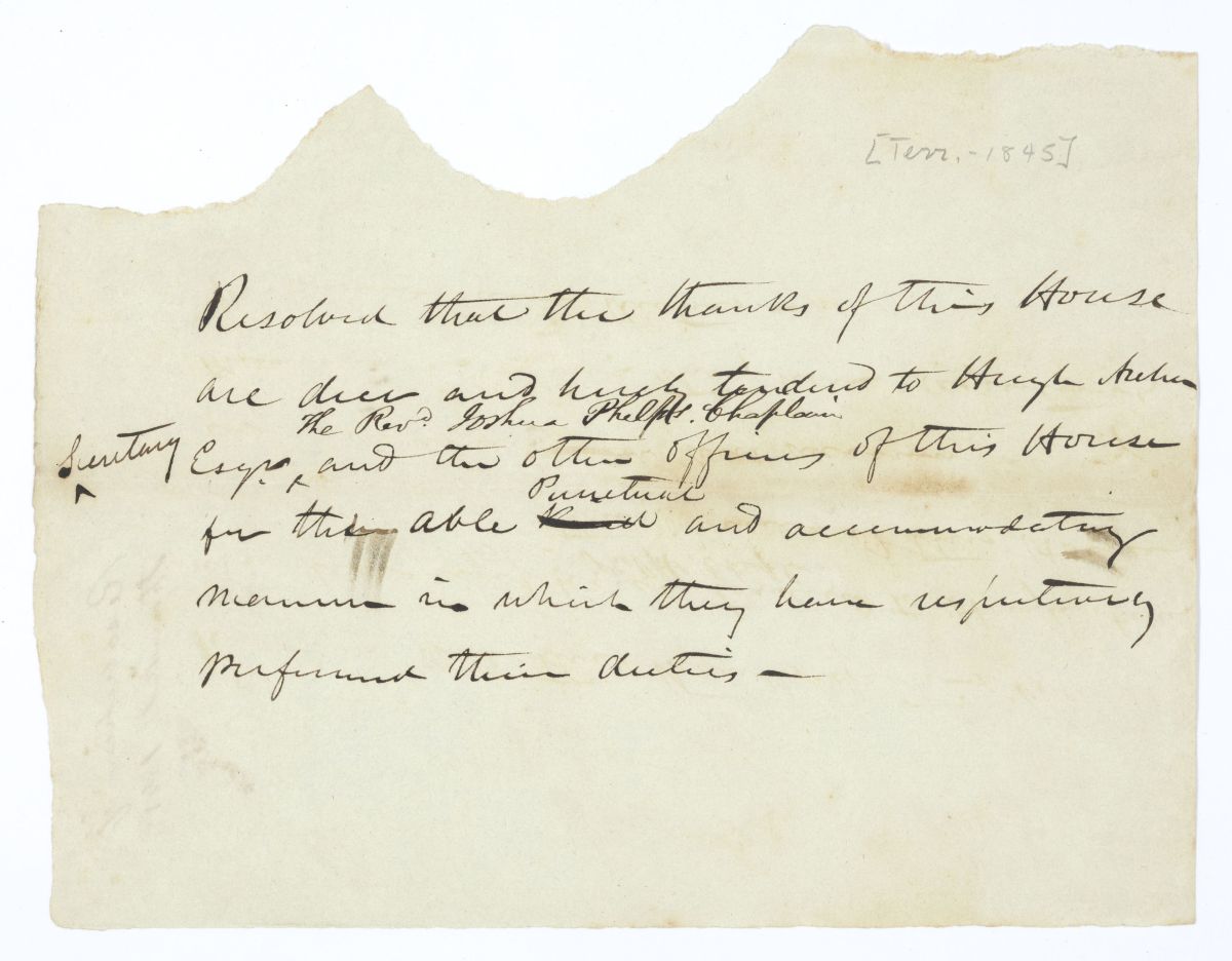 Resolution Thanking Hugh Archer, Joshua Phelps and Other Legislative Officers, 1845