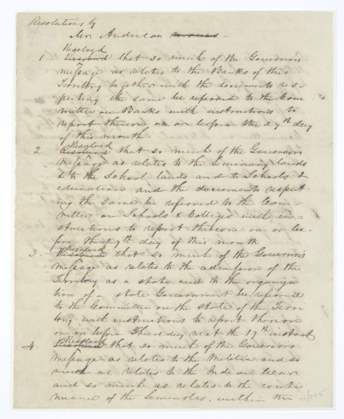 Resolution Referring Different Portions of the Governor's Message to the Appropriate Committees, circa 1845