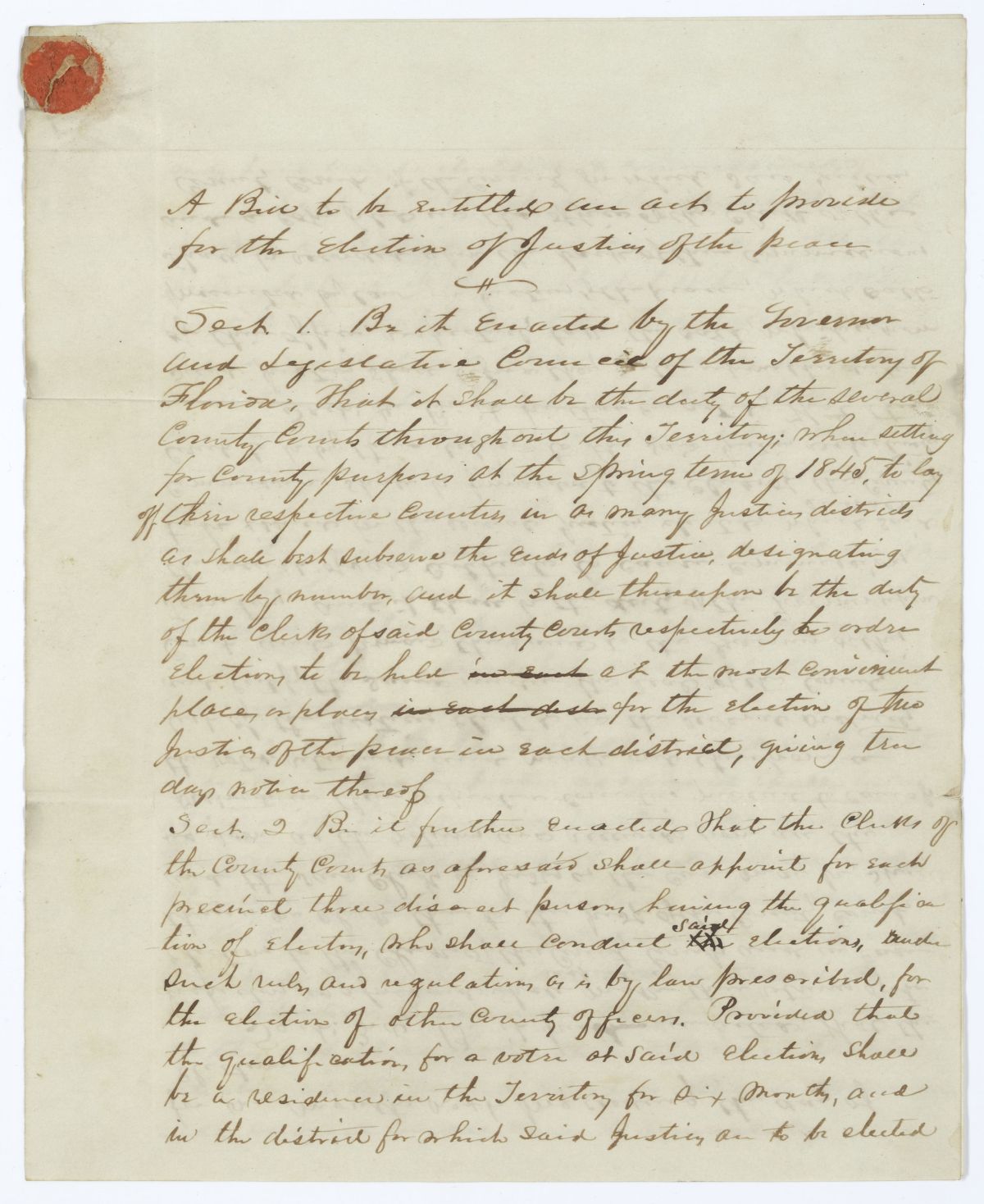 Draft of an Act to Provide for the Election of Justices of the Peace, 1845