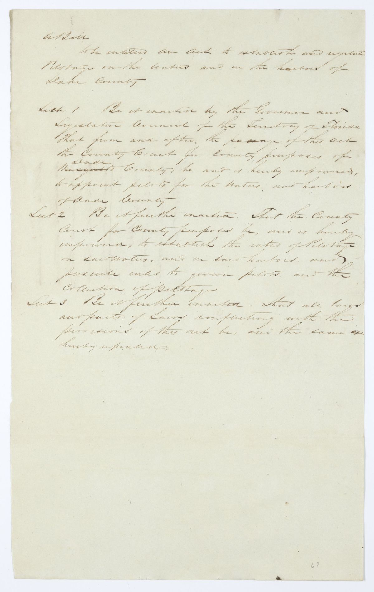 Draft of an Act to Establish and Regulate Pilotage on the Waters and the Harbor of Dade County, 1845