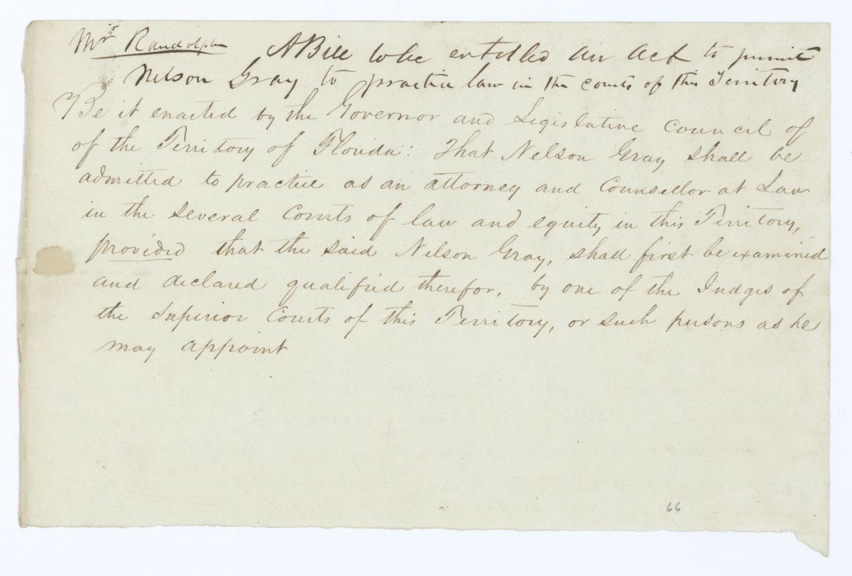 Draft of an Act to Permit Nelson Gray to Practice Law, 1845