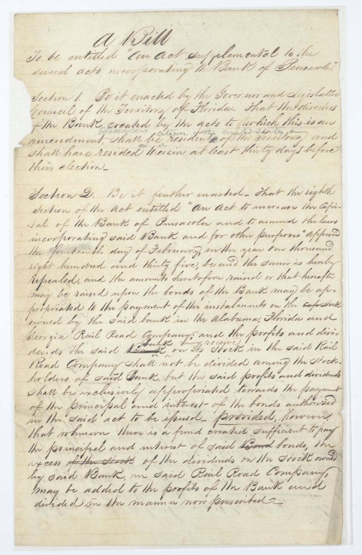 Draft of an Act Supplemental to the Several Acts Incorporating the Bank of Pensacola, circa 1845