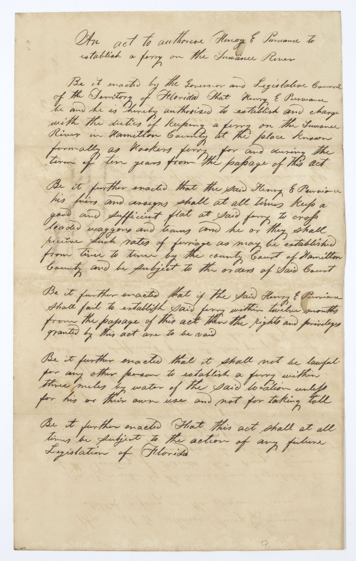 Draft of an Act to Authorize Henry E. Purviance to Establish a Ferry on the Suwannee River, 1845