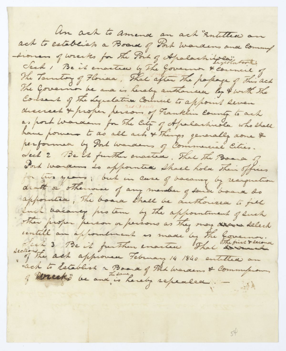 Draft of an Act to Amend an Act to Establish a Board of Port Wardens for the City of Apalachicola, 1845