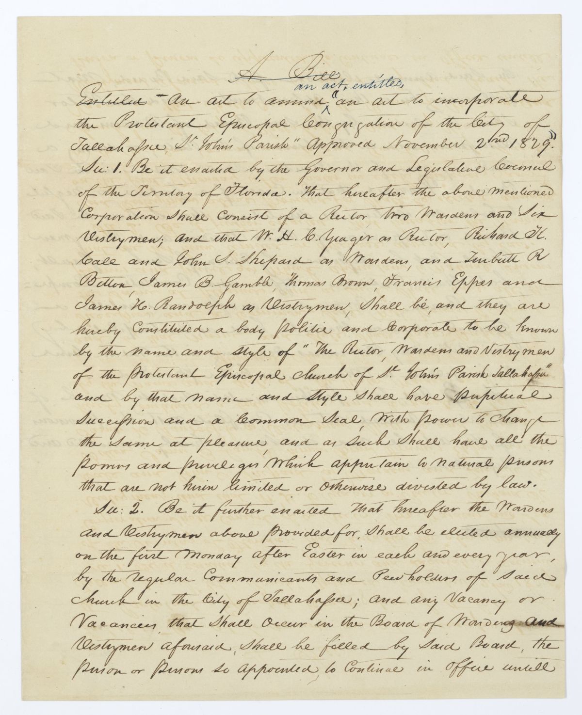 Draft of an Act to Amend an Act to Incorporate the Protestant Episcopal Congregation of the City of Tallahassee, 1845