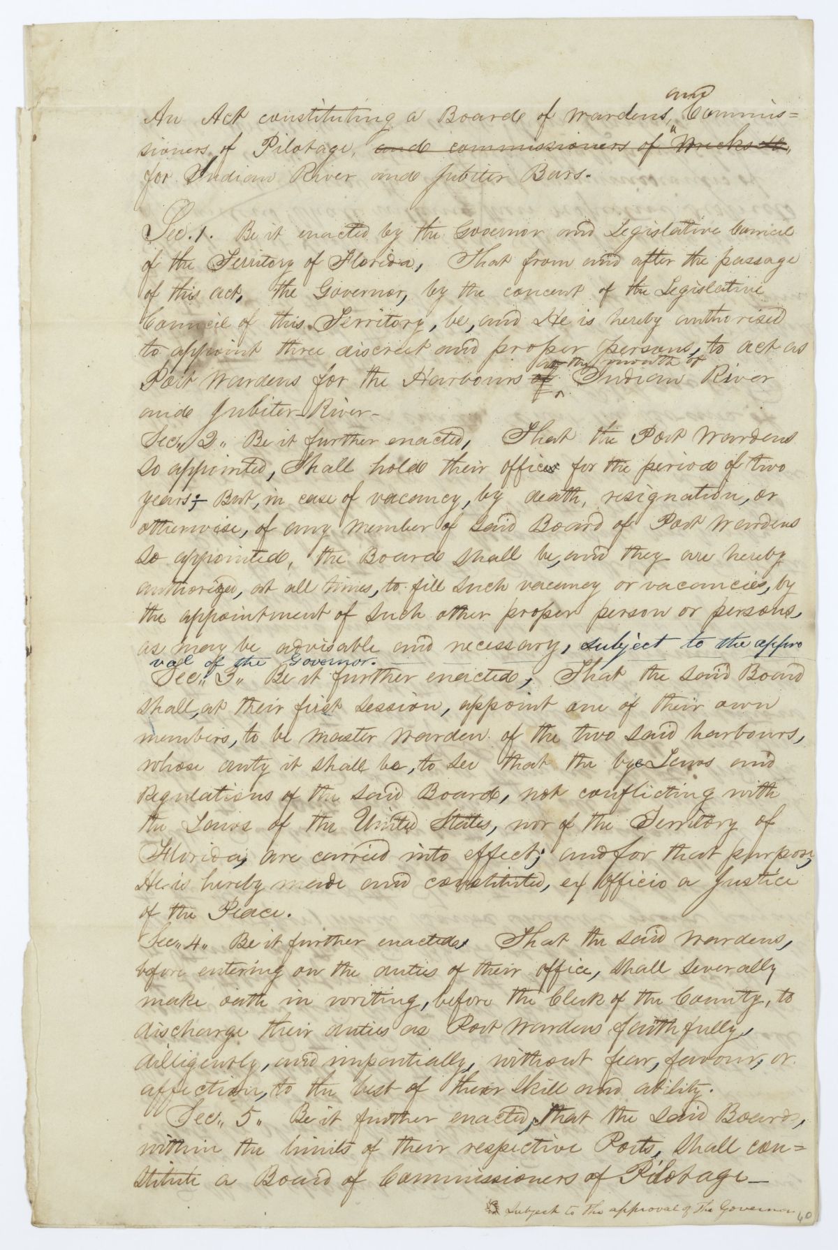 Draft of an Act Constituting a Board of Wardens and Commissioners of Pilotage for Indian River and Jupiter Bars, 1845