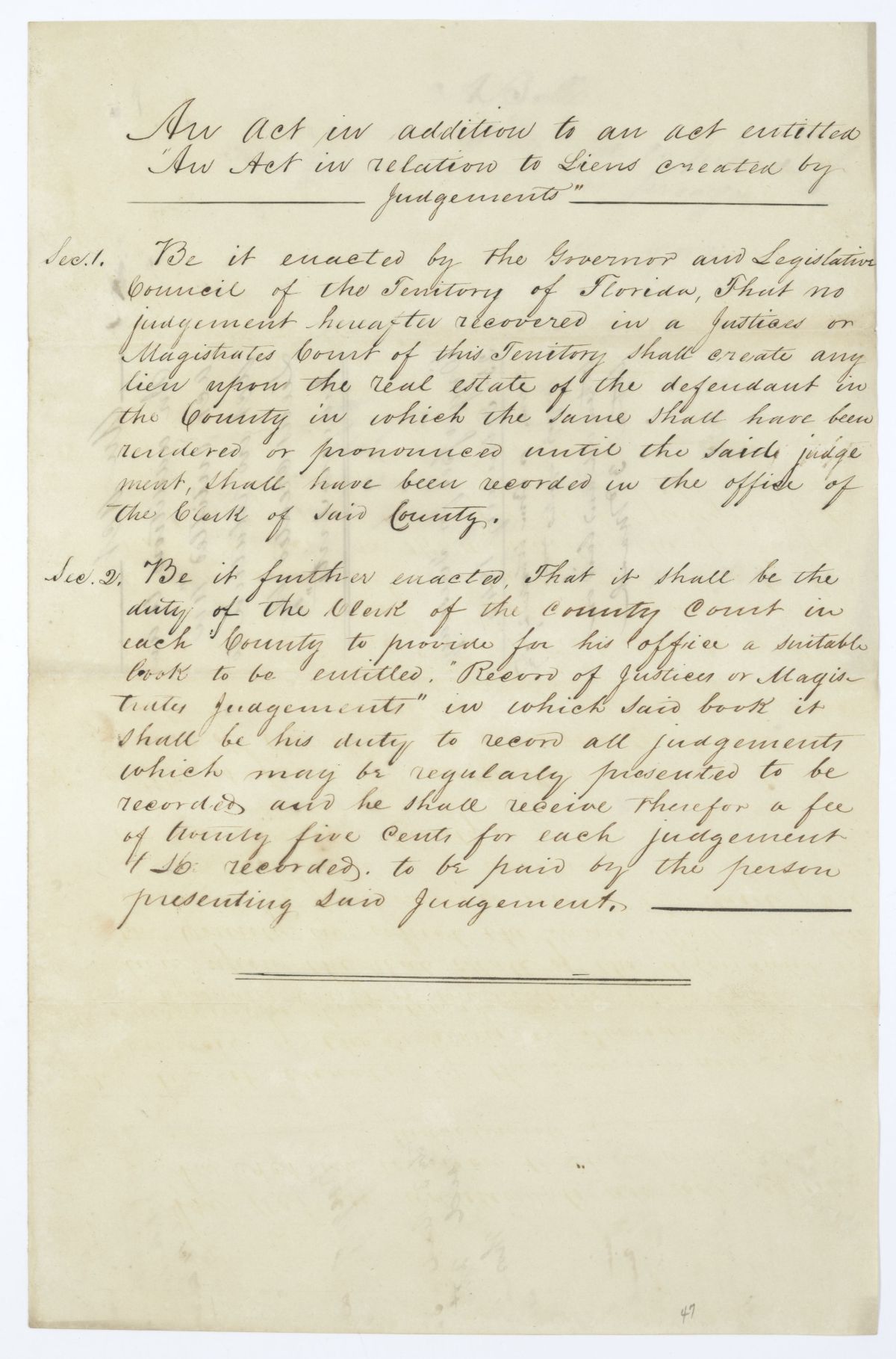 Draft of an Act in Addition to an Act in Relation to Liens Created by Judgments, 1845