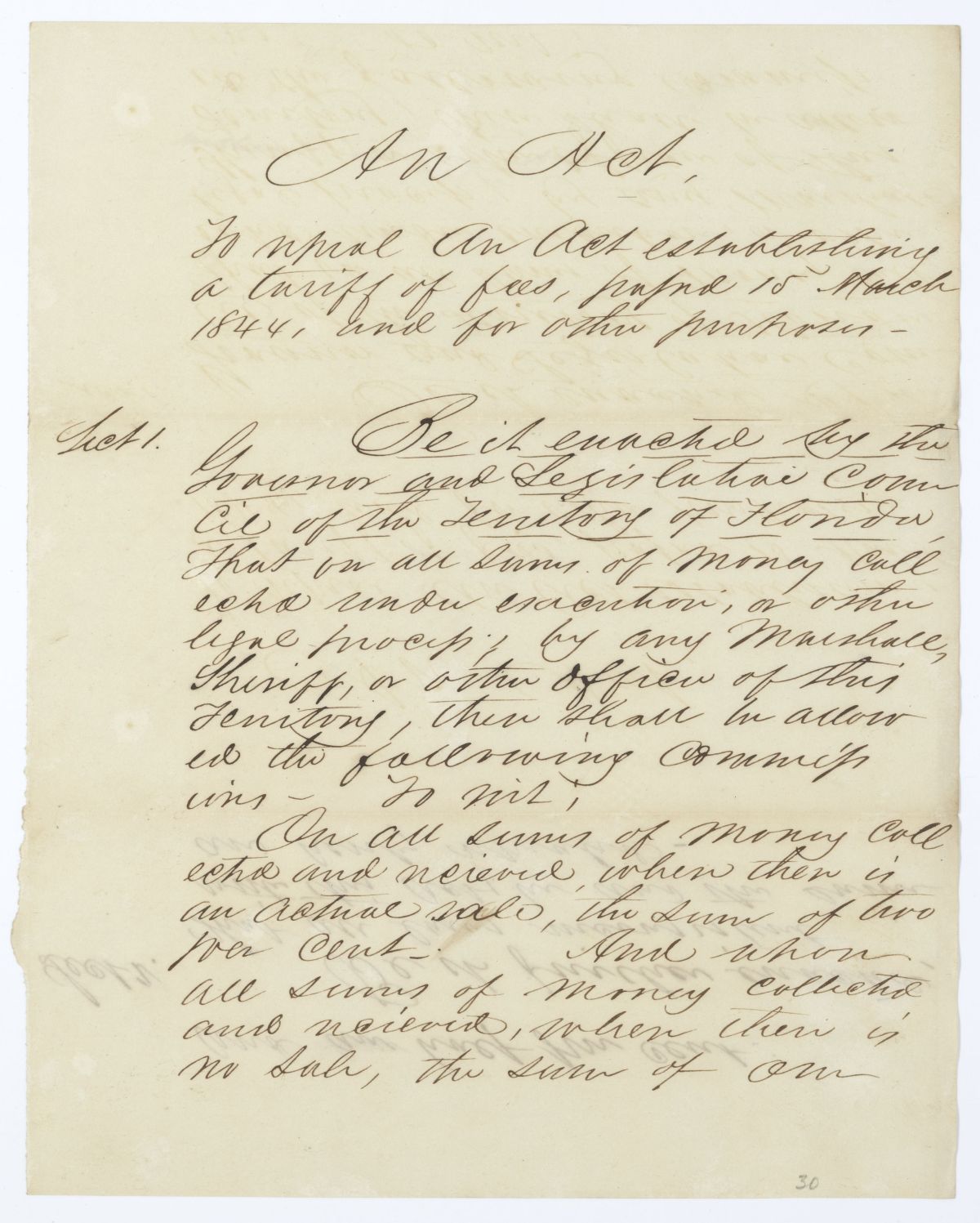 Draft of an Act to Repeal an Act Establishing a Tariff of Fees, 1845