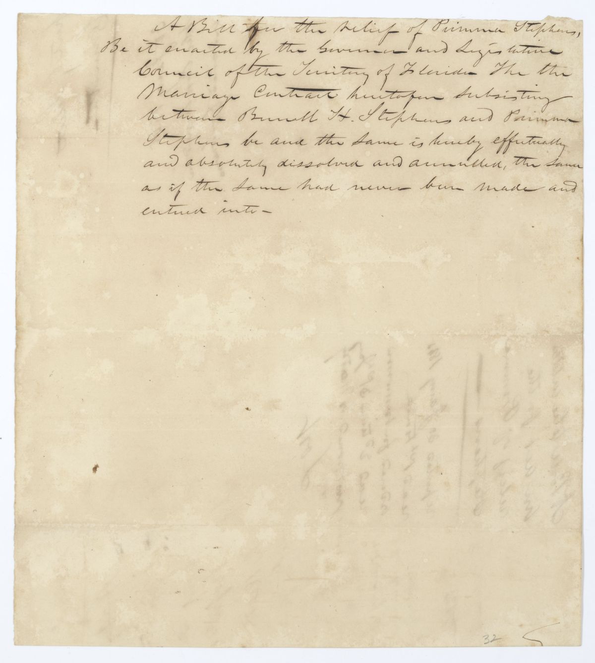 Draft of an Act for the Relief of Primma Stephens, 1845