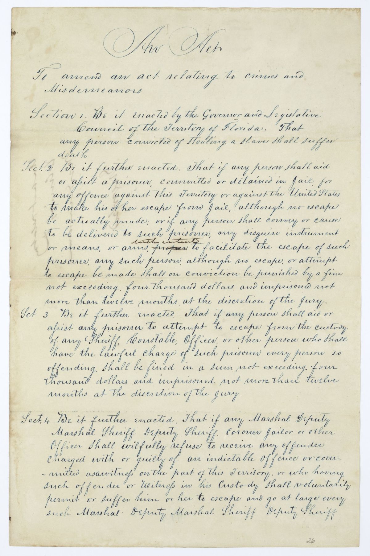 Draft of an Act to Amend an Act Relating to Crimes and Misdemeanors, 1845