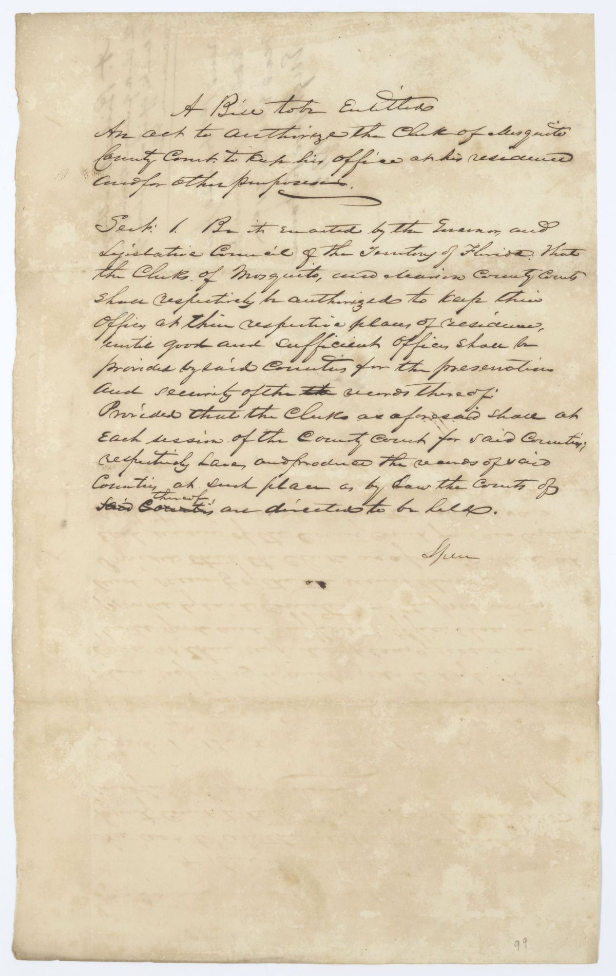 Draft of an Act to Authorize the Clerk of the Mosquito County Court to Keep His Office at His Residence, 1845