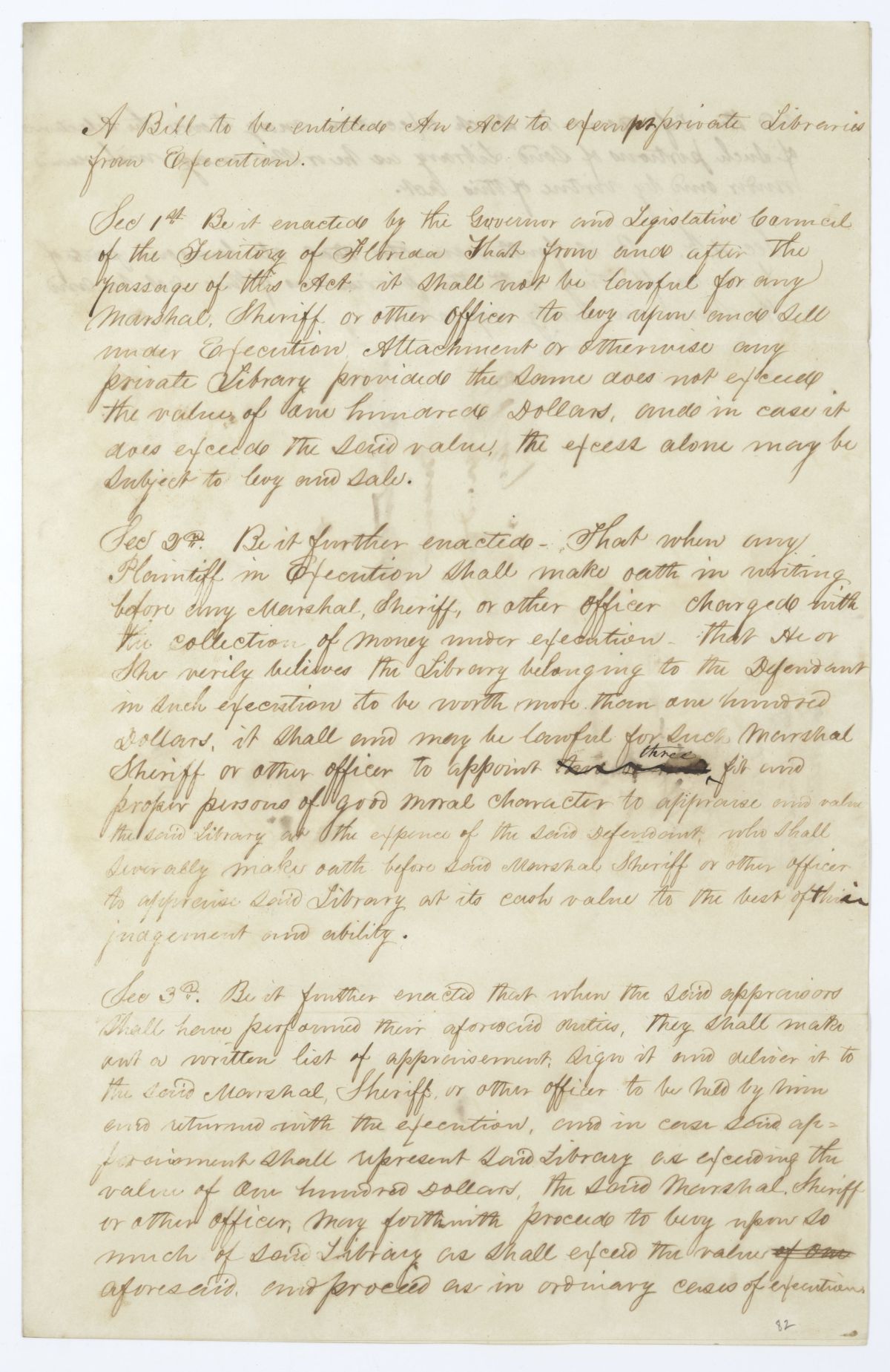 Draft of an Act to Exempt Private Libraries from Execution, 1845