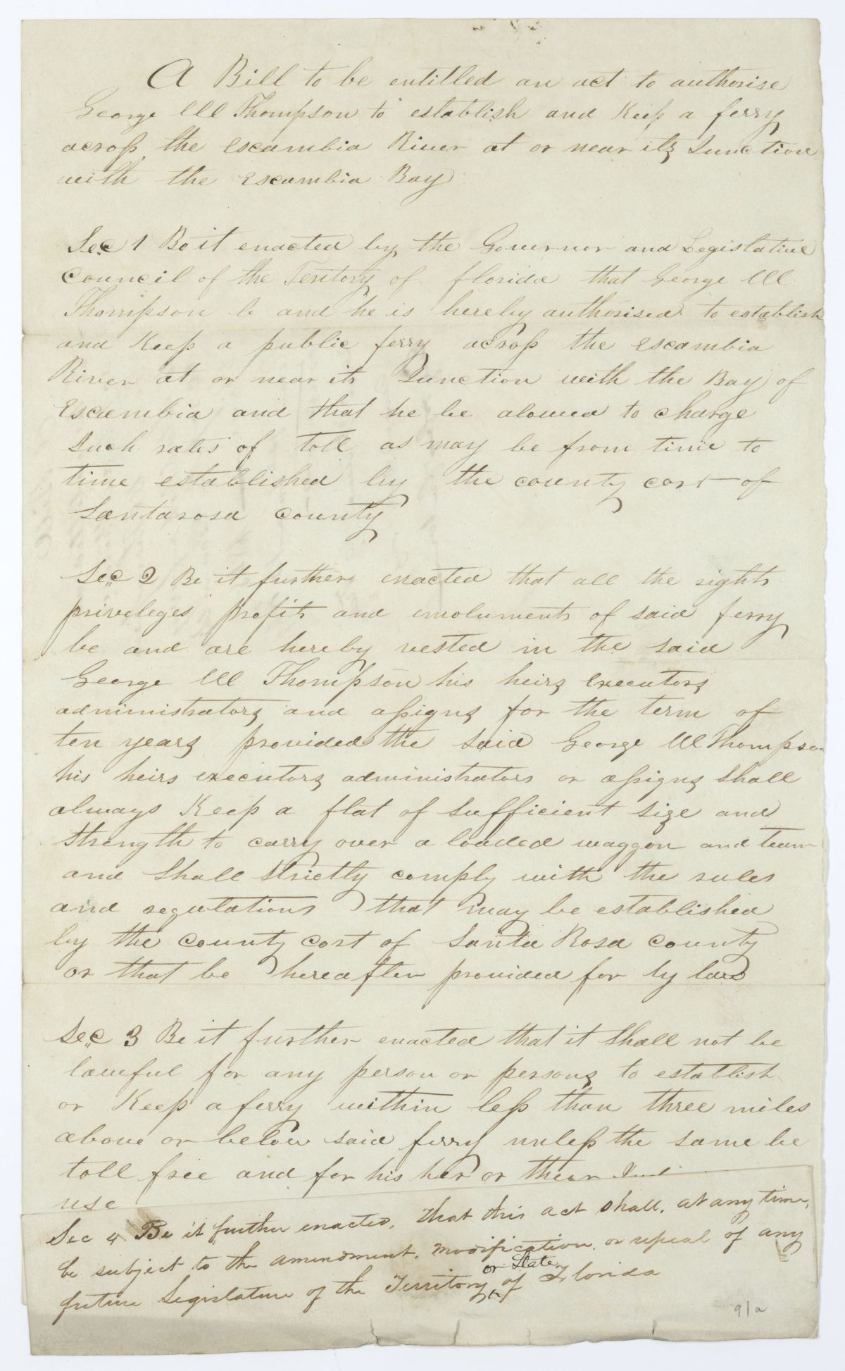 Draft of an Act to Authorize George W. Thompson to Establish a Ferry Across the Escambia River, 1845