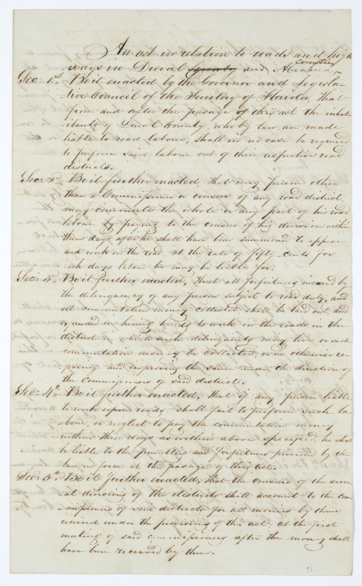 Draft of an Act in Relation to Roads and Highways in Duval and Alachua Counties, 1845