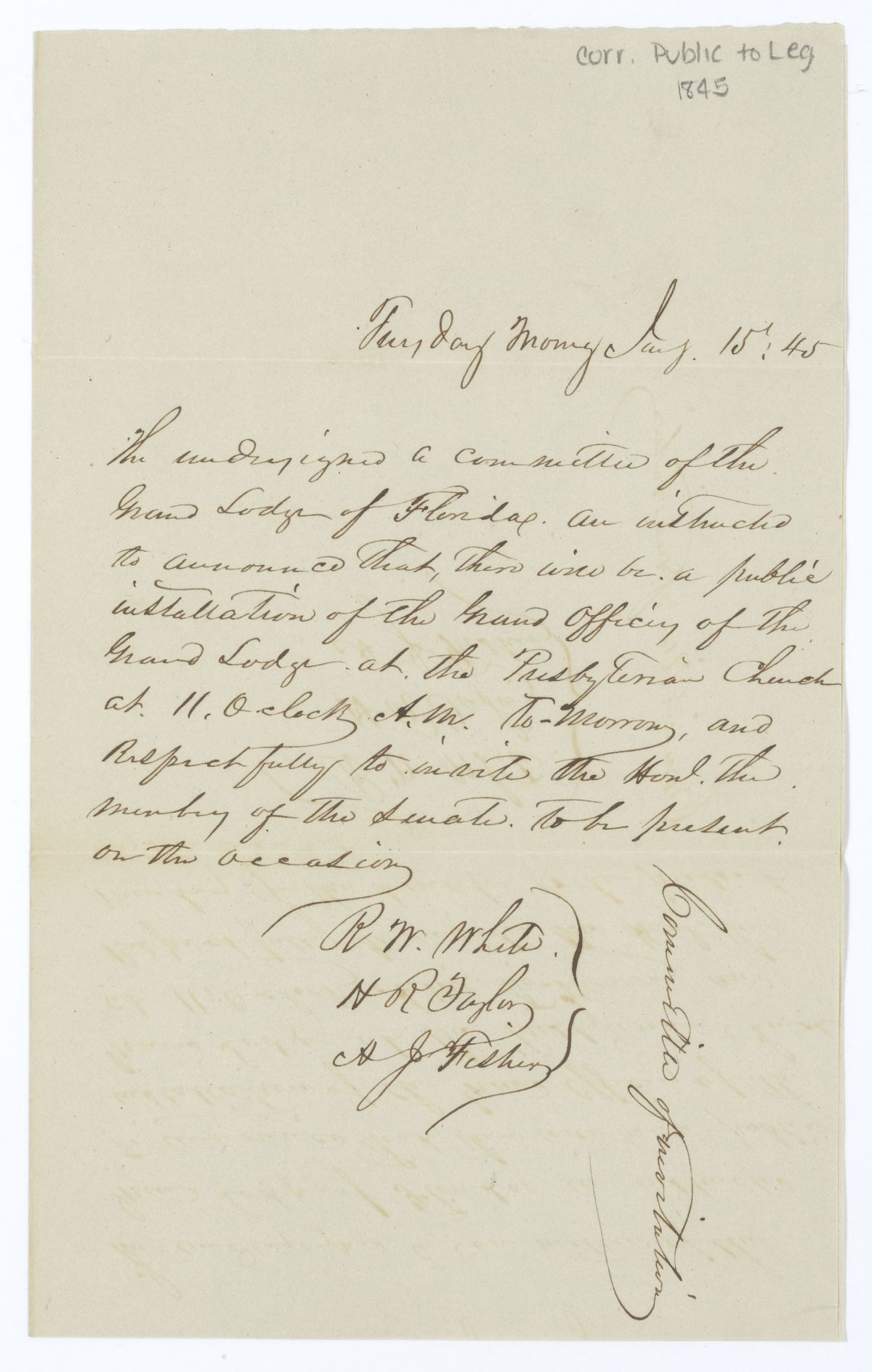 Letter from the Grand Lodge Inviting Members of the Senate to a Public Installation of the Grand Officers, 1845