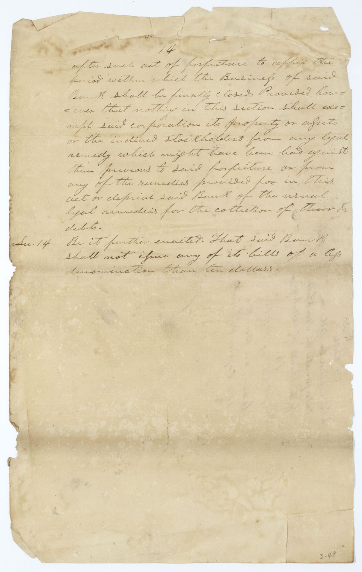 Fragment of a Draft of an Act to Incorporate the Stockholders of the Bank of Tallahassee, circa 1845