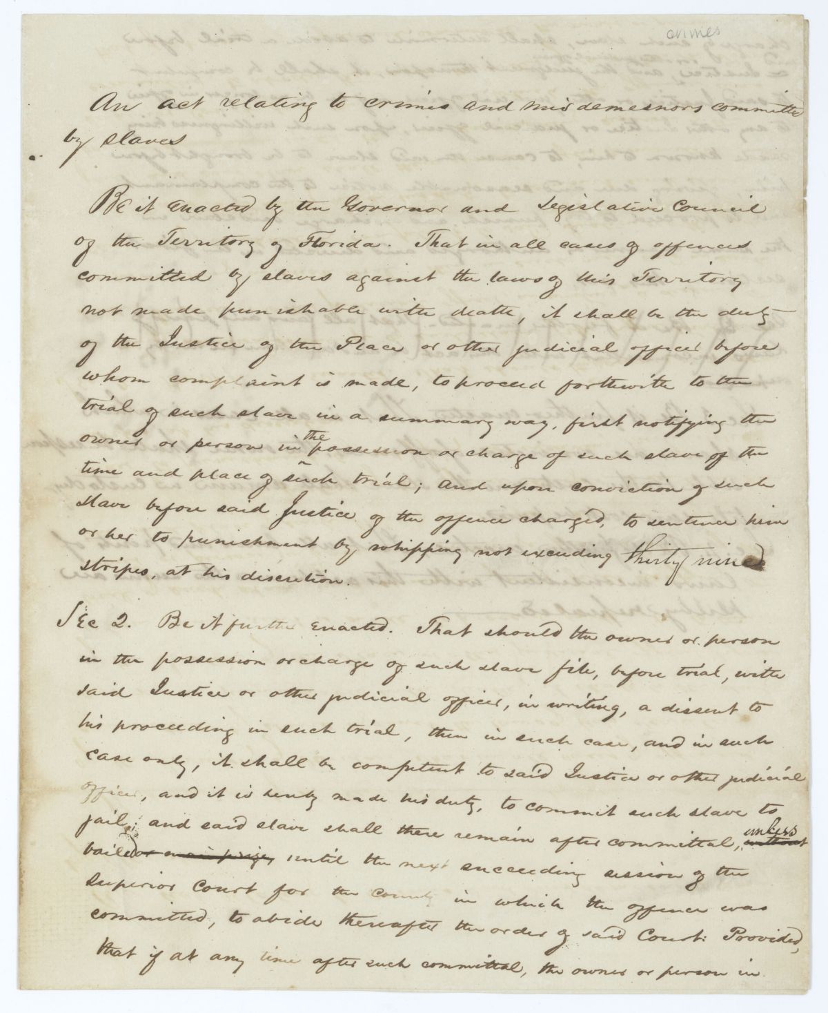 Draft of an Act Relating to Crimes and Misdemeanors Committed by Enslaved Persons, circa 1845