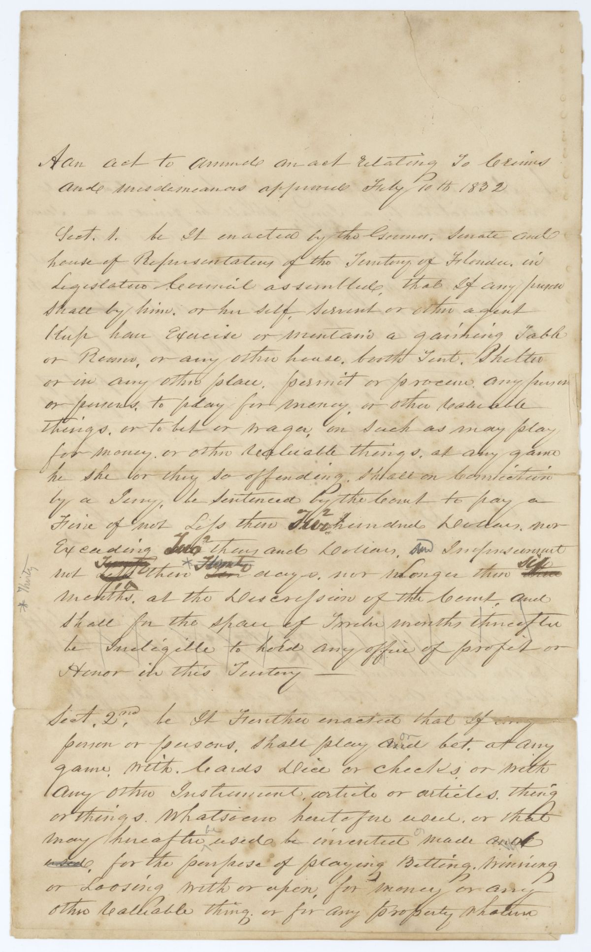 Draft of an Act to Amend an Act Relating to Crimes and Misdemeanors, circa 1845