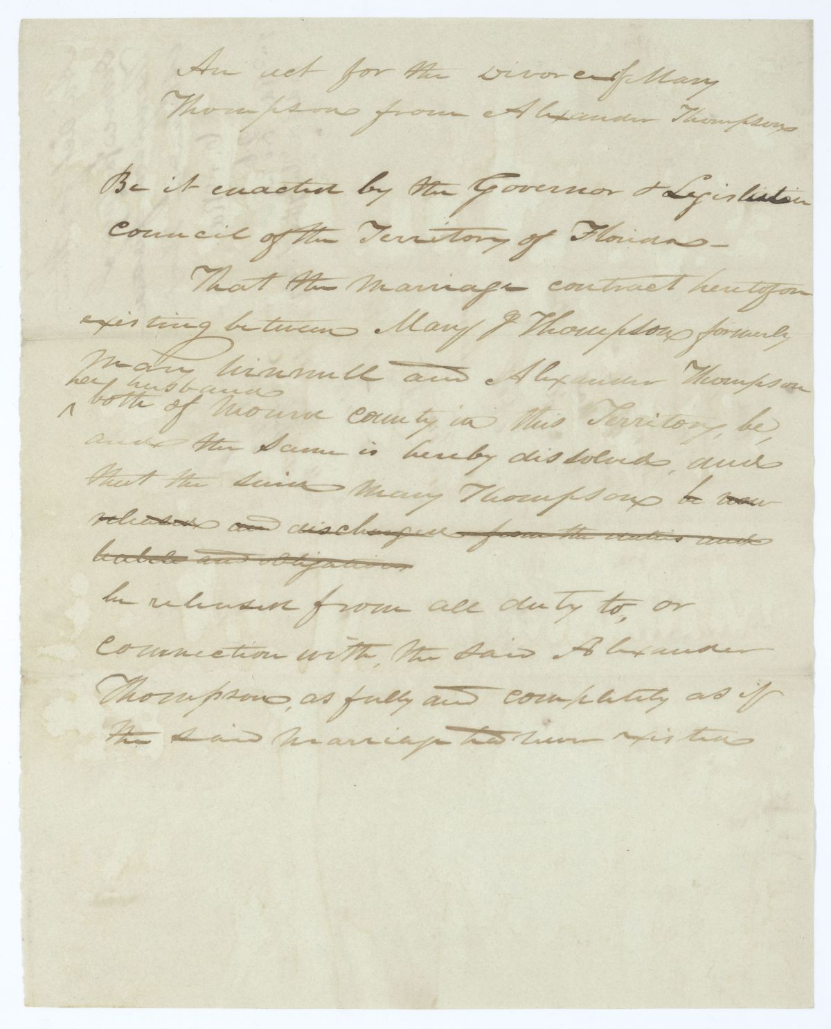 Draft of an Act for the Divorce of Mary and Alexander Thompson, circa 1837