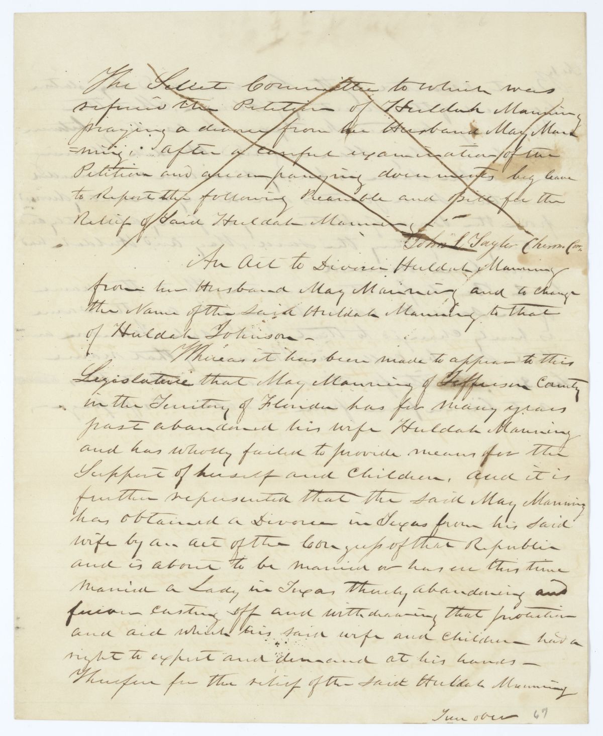 Draft of an Act to Divorce Huldah Manning from Her Husband May Manning, 1844