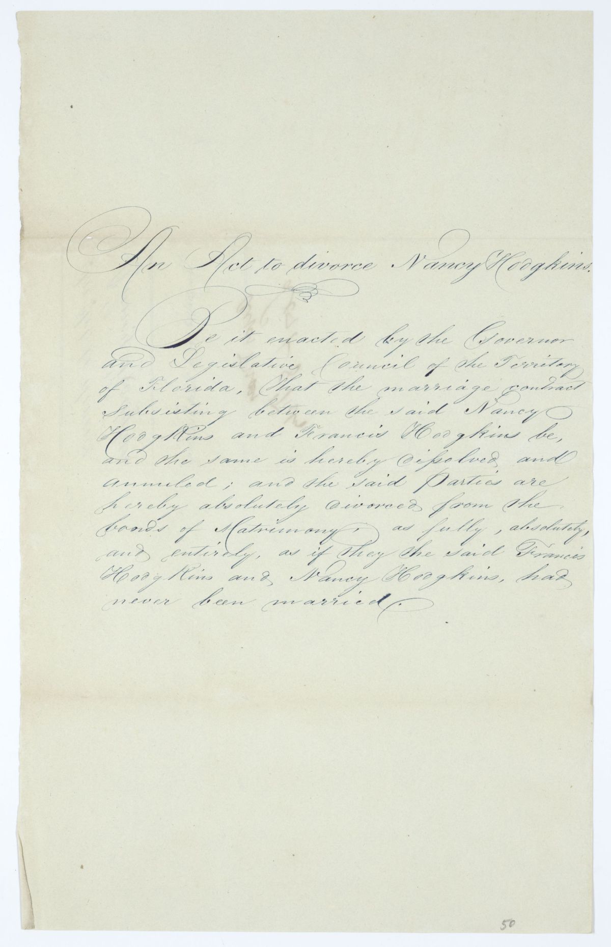 Draft of an Act to Divorce Nancy Hodgkins, circa 1845