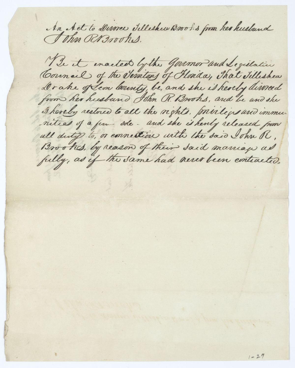 Draft of an Act to Divorce Tillithia Brooks from Her Husband John R. Brooks, 1837