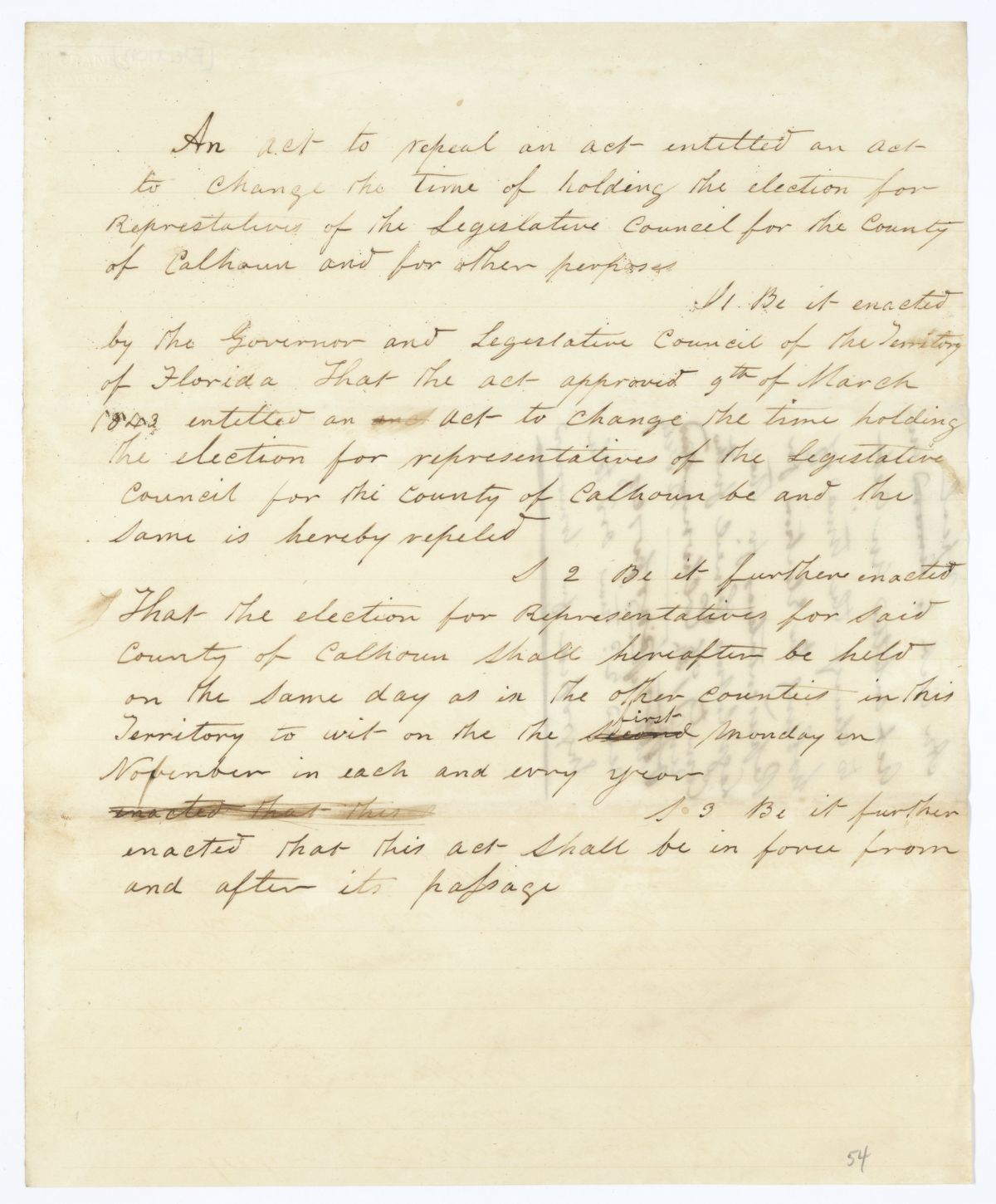 Draft of an Act to Repeal an Act to Change the Time of Holding the Election for Representatives of the Territorial Legislative Council, circa 1845