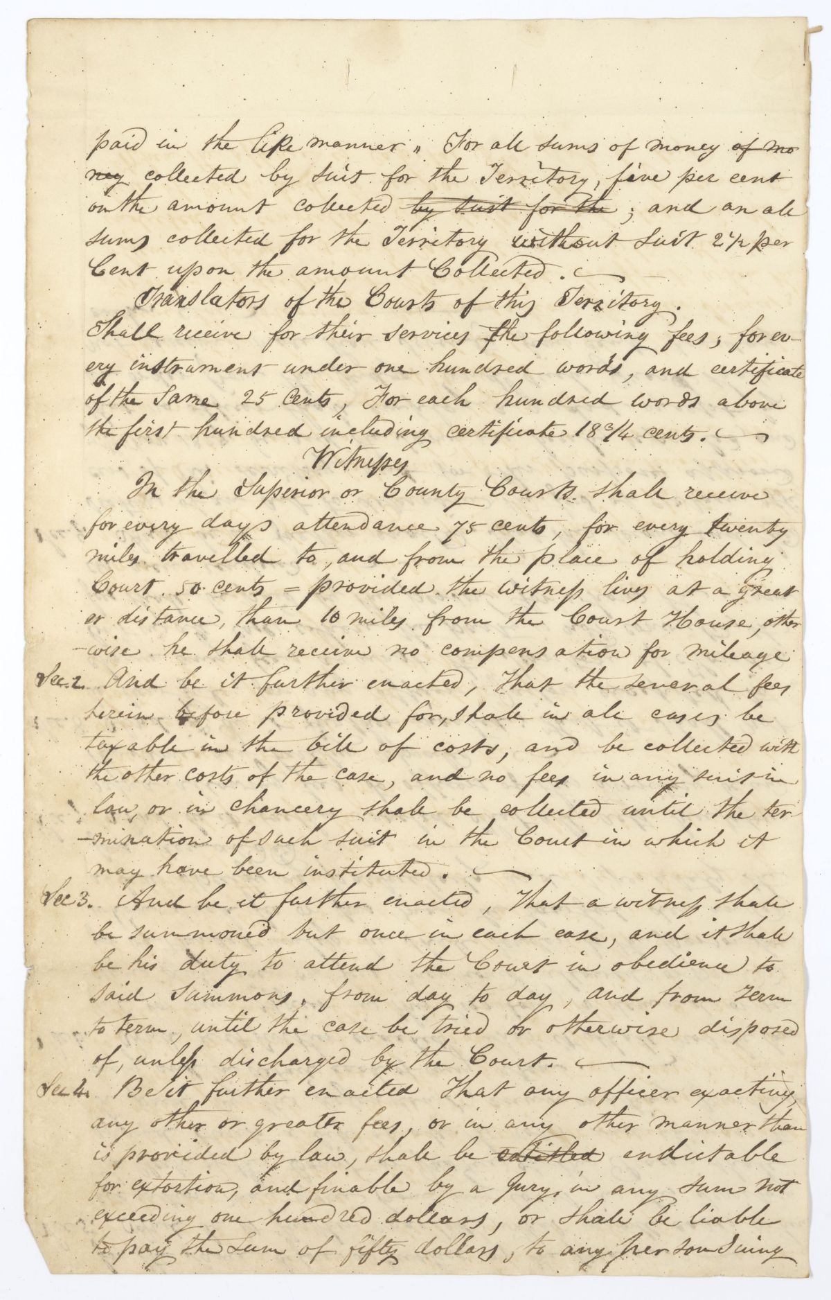 Draft of an Act Relating to the Fees of Certain Officers, circa 1823