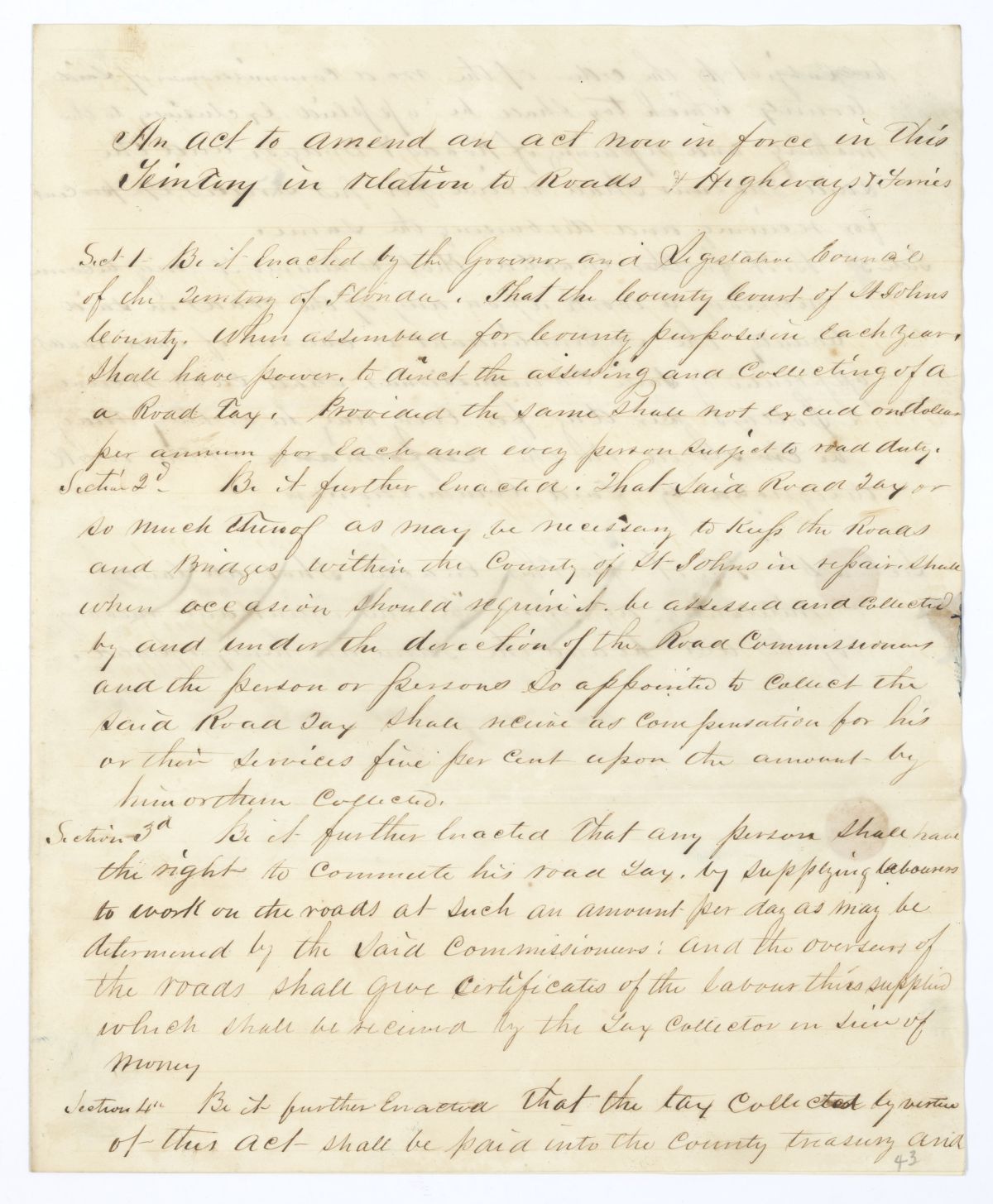 Draft of an Act to Amend an Act Now in Force in the Territory in Relation to Roads, Highways and Ferries, circa 1845