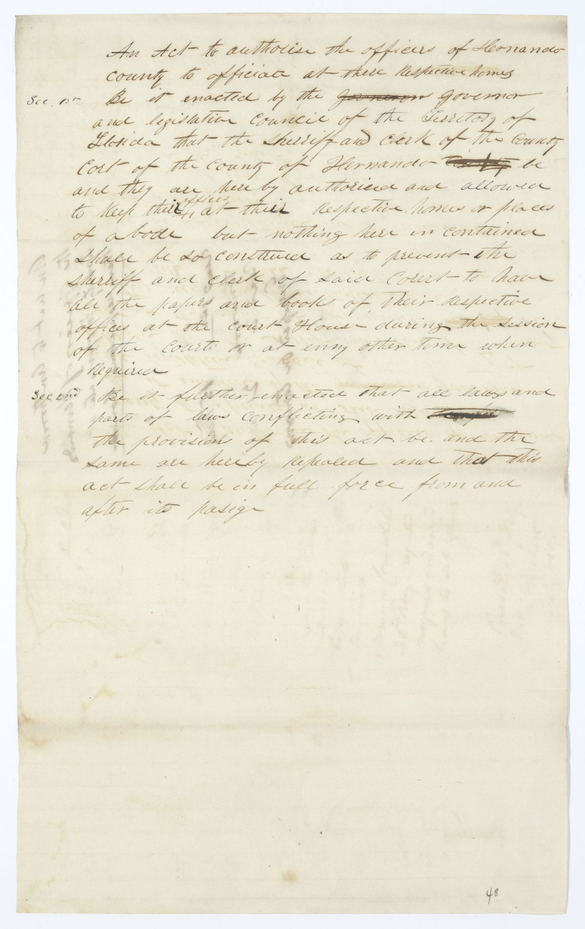 Draft of an Act to Authorize the Officers of Hernando County to Officiate at Their Respective Homes, 1844