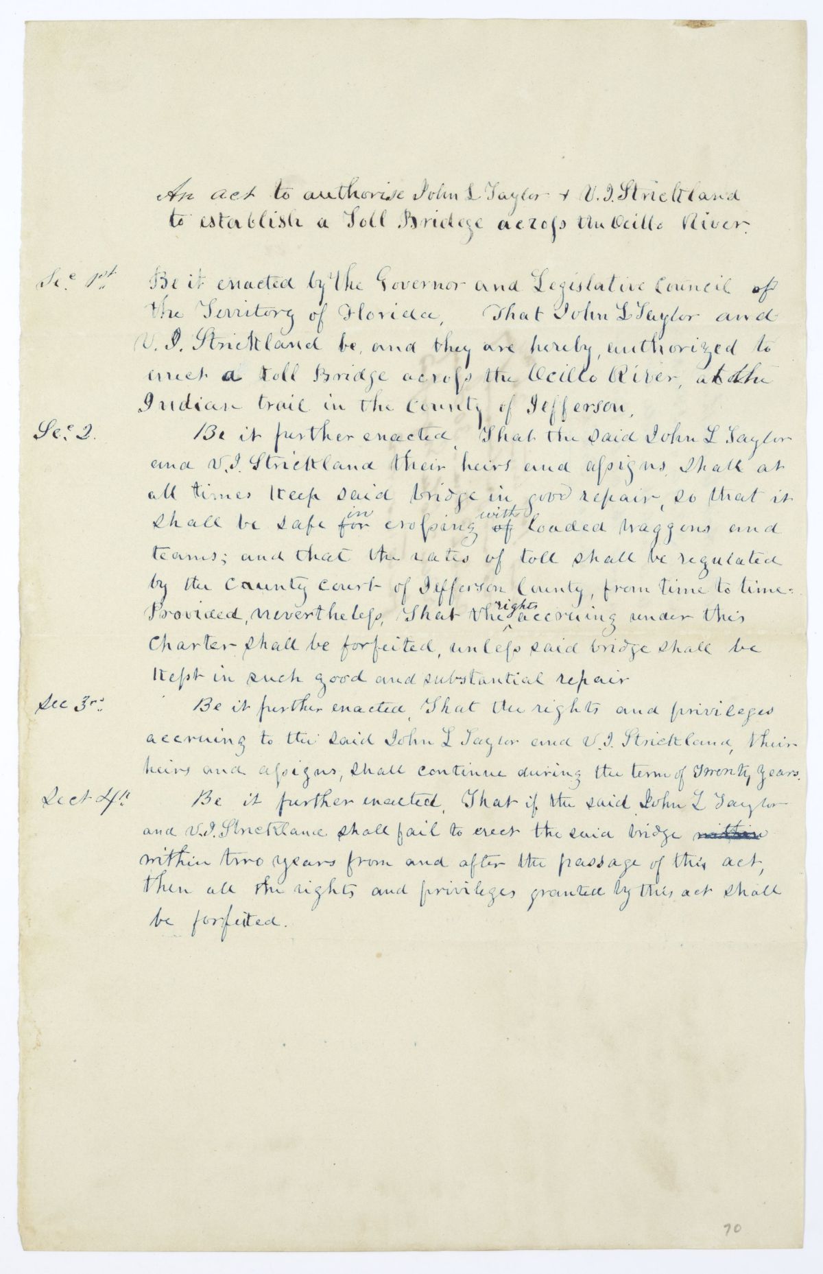 Draft of an Act to Authorize John L. Taylor and V. J. Strickland to Establish a Toll Bridge Across the Aucilla River, 1844