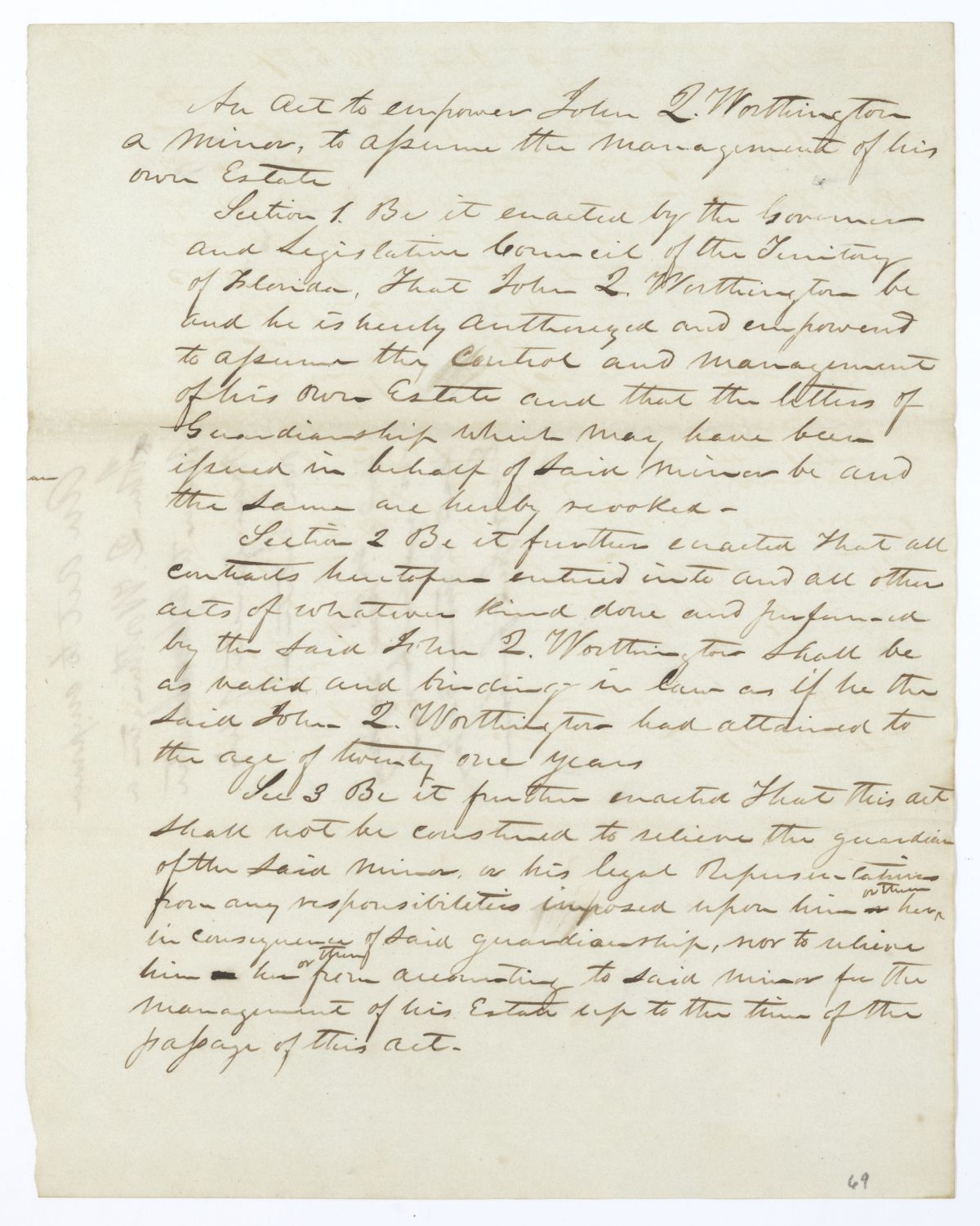 Draft of an Act to Empower John Q. Worthington to Assume the Management of His Own Estate, 1844