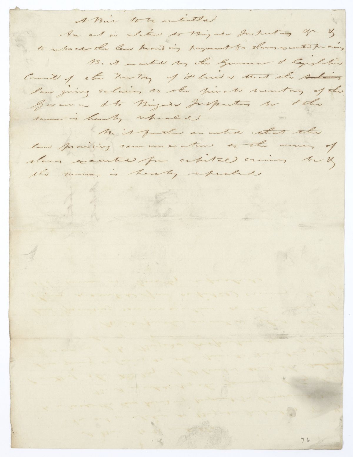 Draft of an Act in Relation to Brigade Inspectors and to Repeal the Law Providing Payment for Enslaved Persons Executed for Crimes, 1844