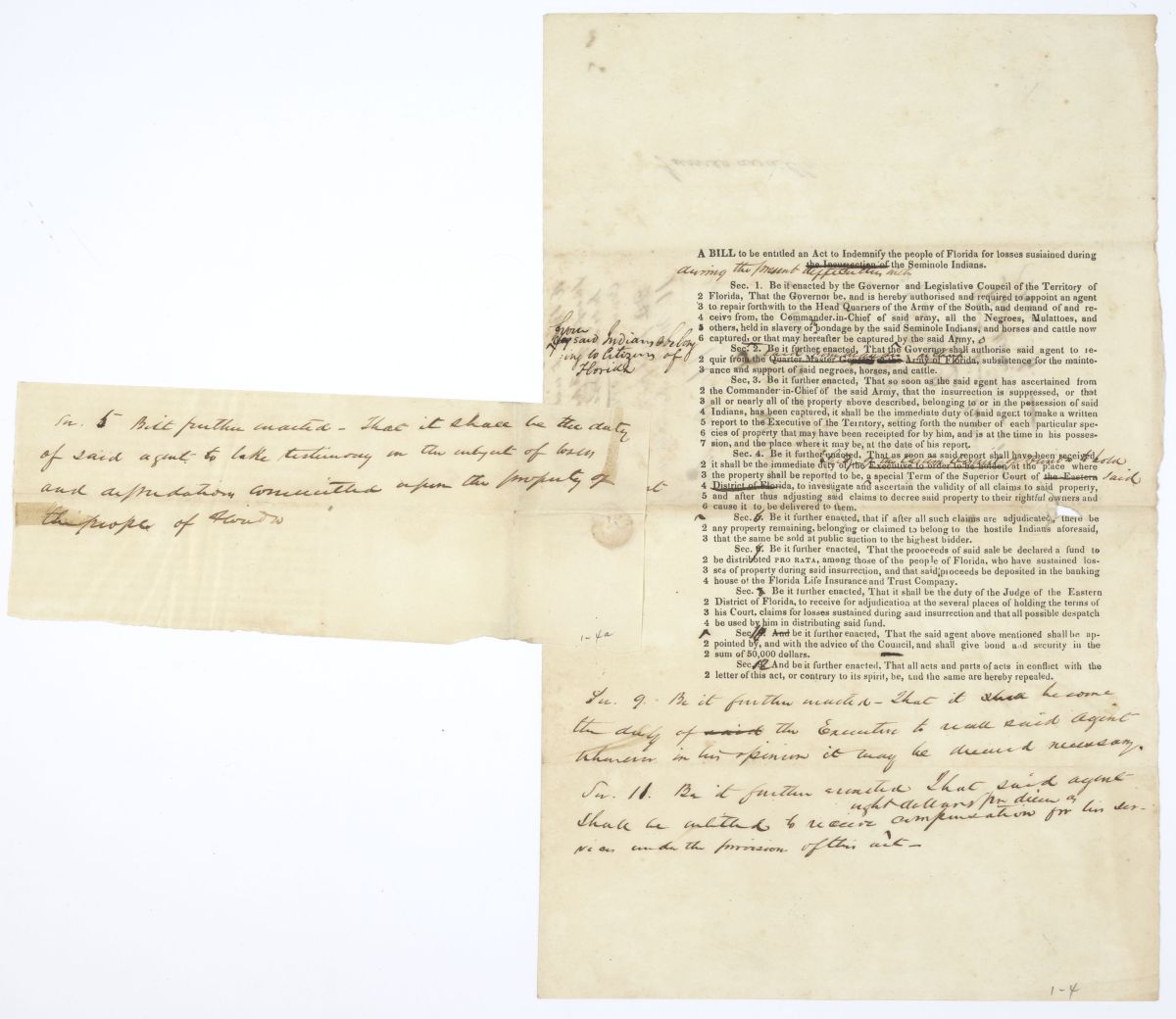 Draft of an Act to Indemnify the People of Florida for Losses Sustained During the Insurrection of the Seminole Indians, 1837