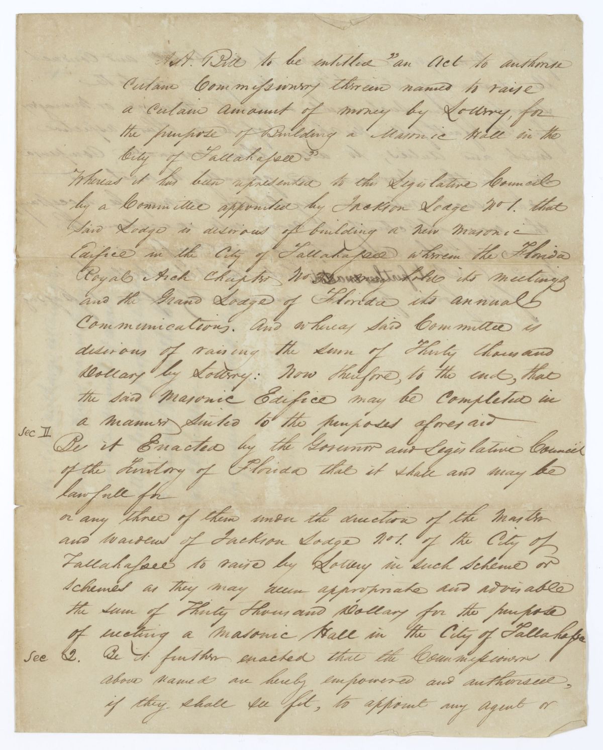 Draft of an Act to Authorize Commissioners to Raise Money for the Construction of a Masonic Hall in Tallahassee, 1837