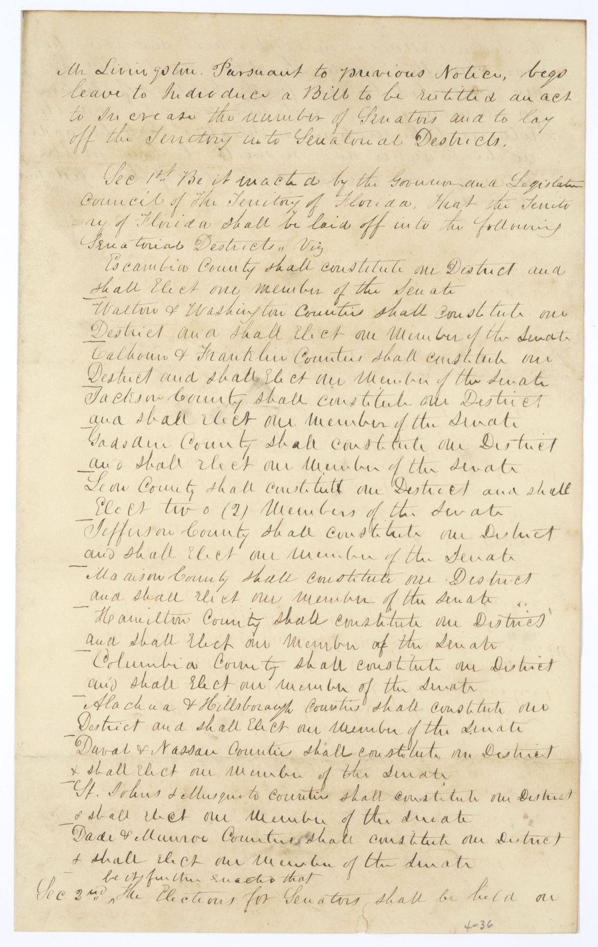 Draft of an Act to Increase the Number of Senators and to Lay Off the Territory into Senatorial Districts, 1840