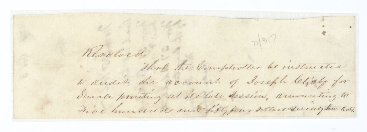 Resolution Directing the Comptroller to Audit the Account of Joseph Clisby, 1845